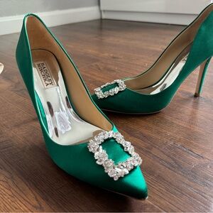 Badgley Mischka Green Satin Heels with Crystal Embellishment